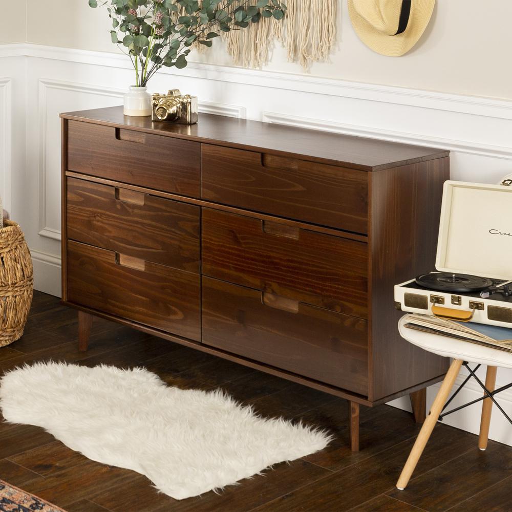 6 Drawer Mid Century Modern Wood Dresser - Walnut. Picture 4