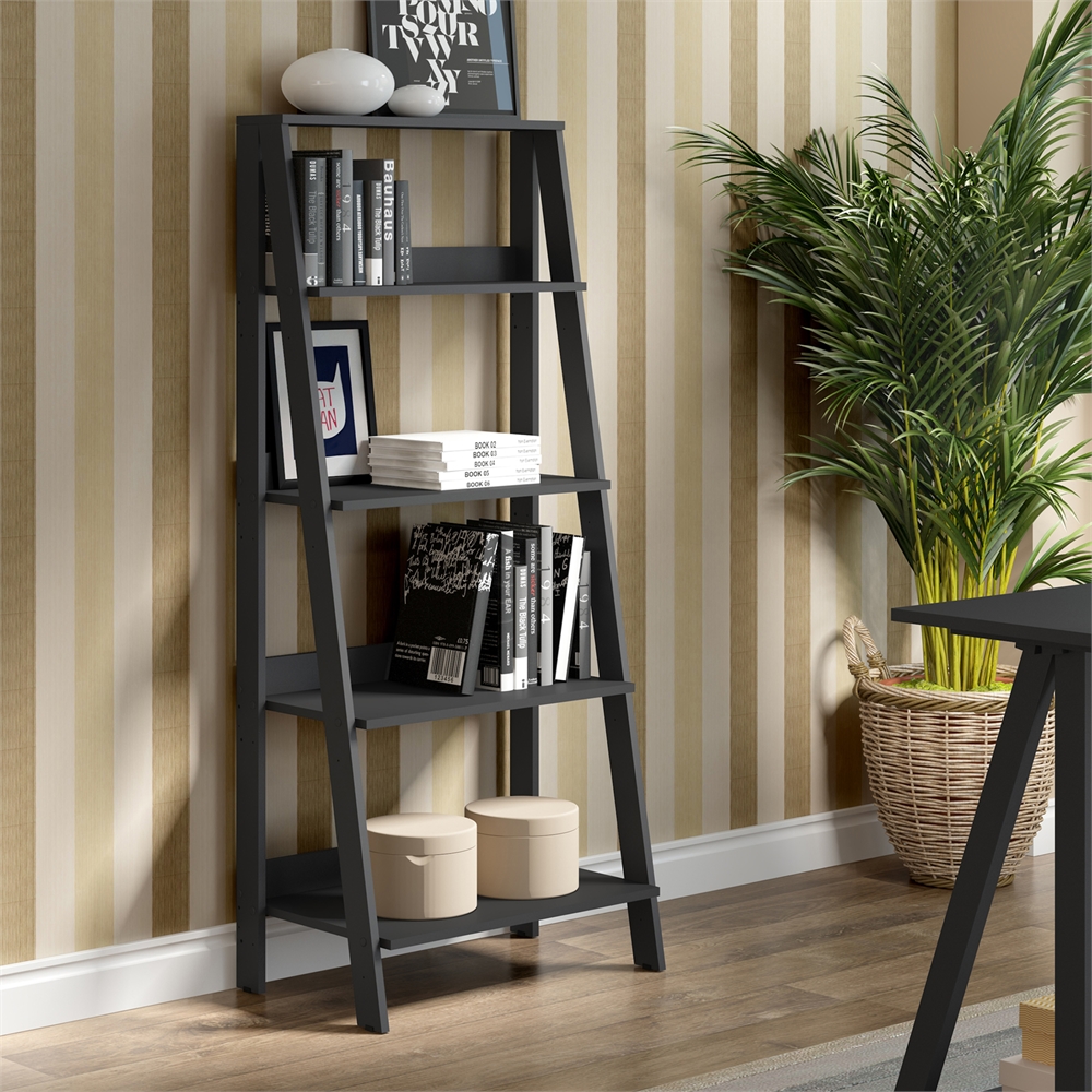 55" Wood Ladder Bookshelf - Black. Picture 4