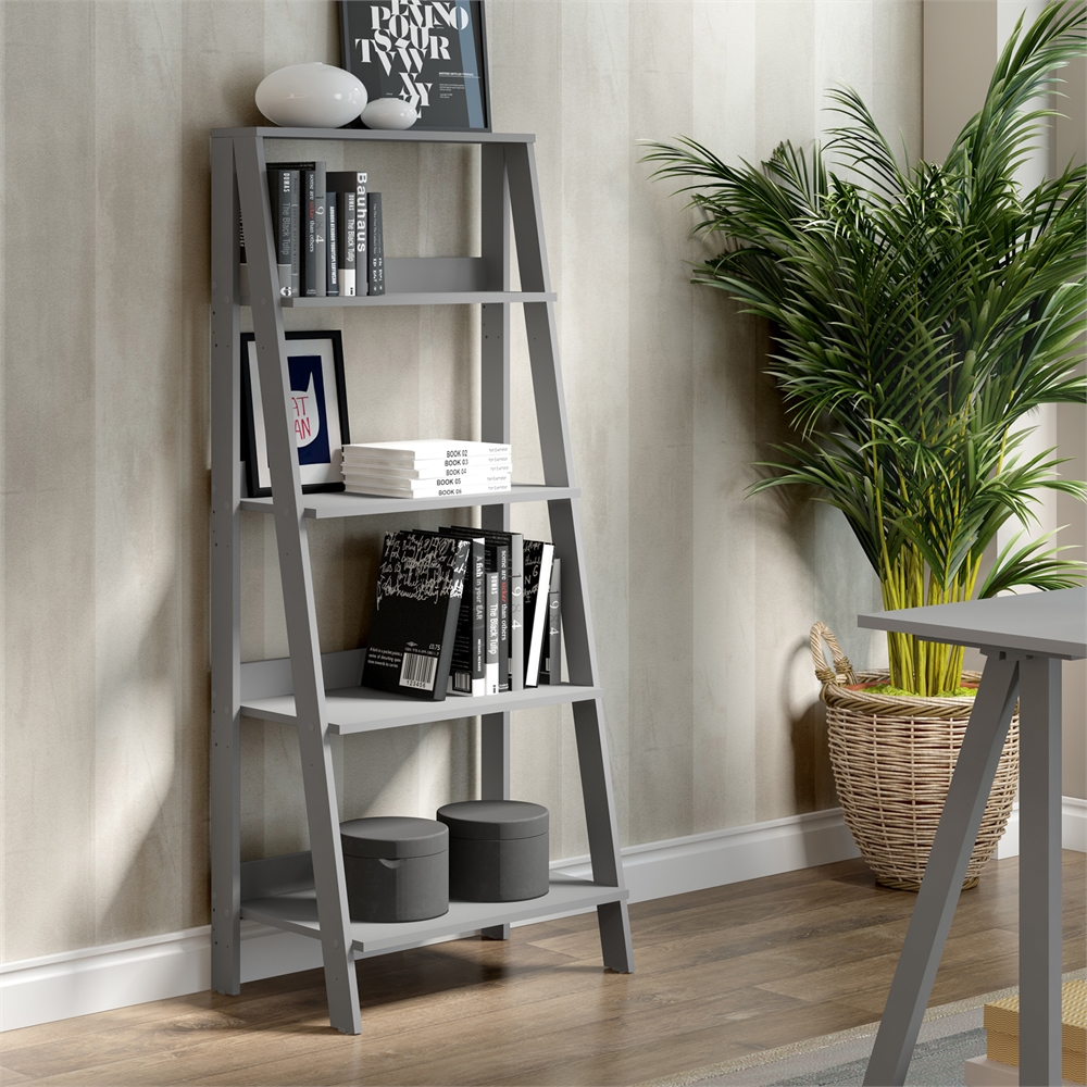 55" Wood Ladder Bookshelf - Grey. Picture 4