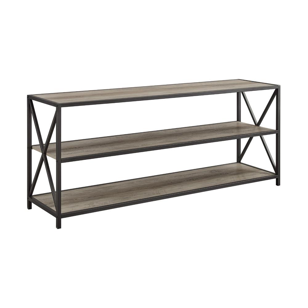 60" Wide X-Frame Metal and Wood Media Bookshelf - Grey Wash. Picture 3
