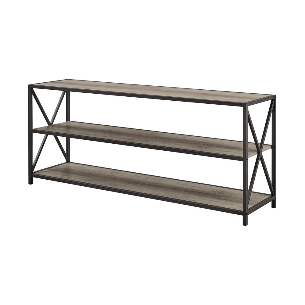 60" Wide X-Frame Metal and Wood Media Bookshelf - Grey Wash. Picture 4