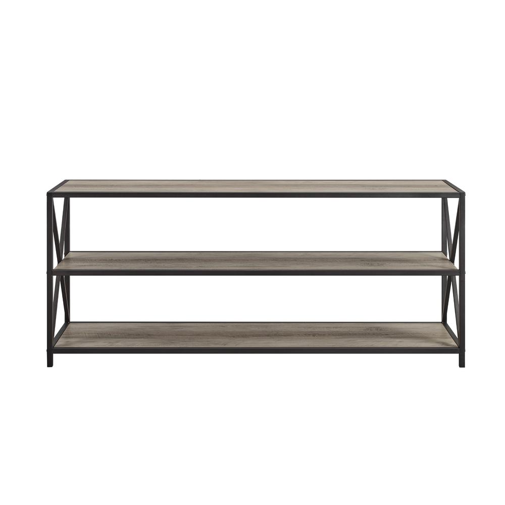 60" Wide X-Frame Metal and Wood Media Bookshelf - Grey Wash. Picture 5