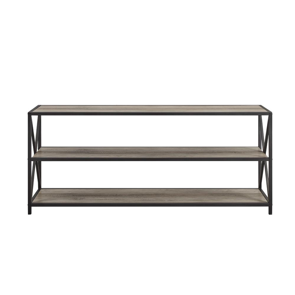 60" Wide X-Frame Metal and Wood Media Bookshelf - Grey Wash. Picture 6