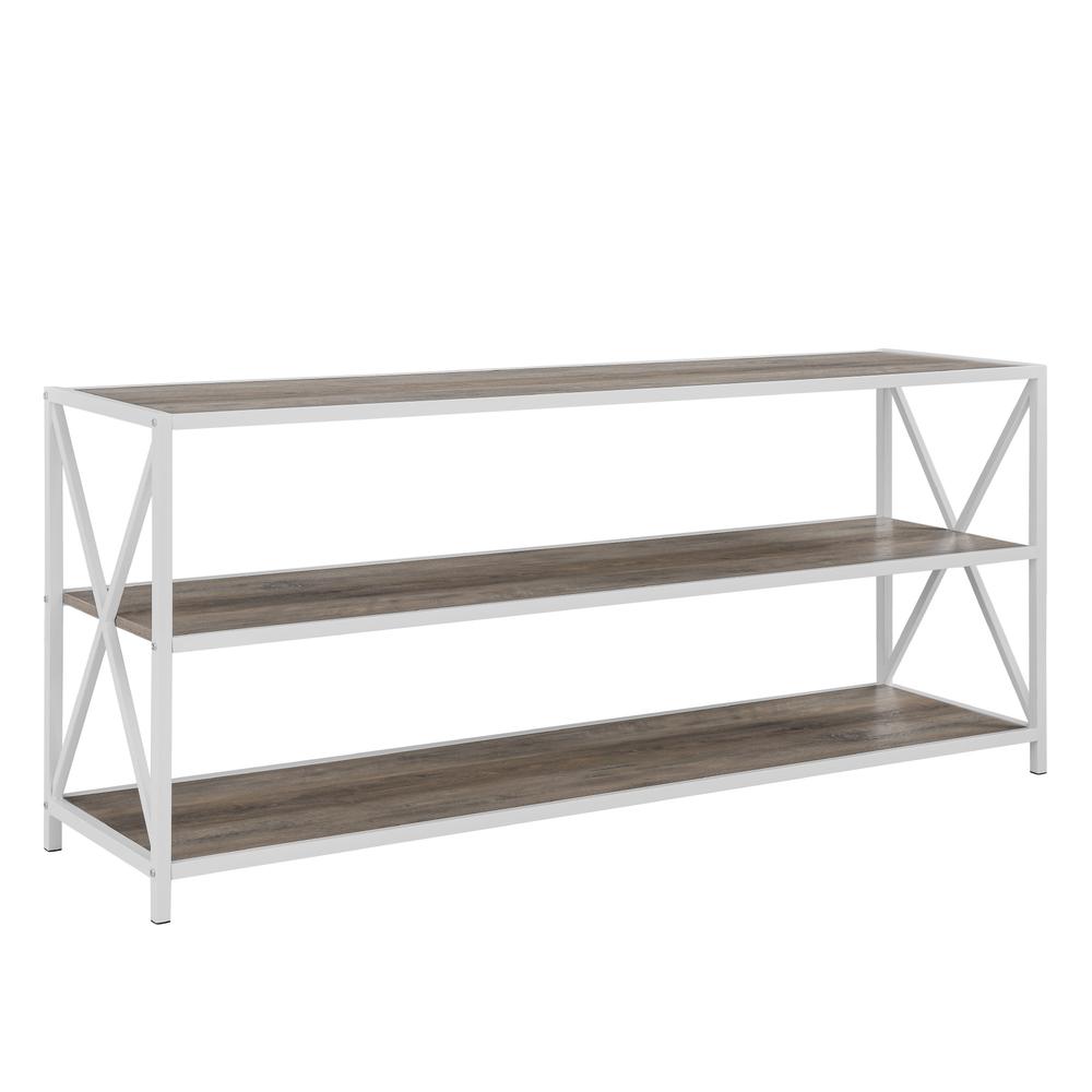 60" Wide X-Frame Metal and Wood Media Bookshelf - Grey Wash. Picture 10