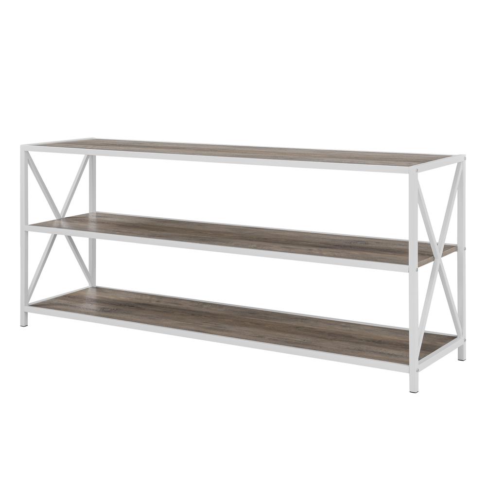 60" Wide X-Frame Metal and Wood Media Bookshelf - Grey Wash. Picture 12