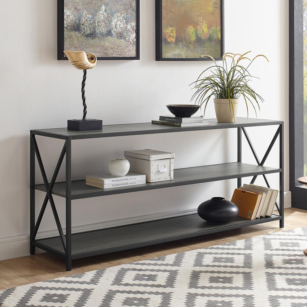 60" X-Frame Industrial Wood Console Table- Slate Grey/Black. Picture 2