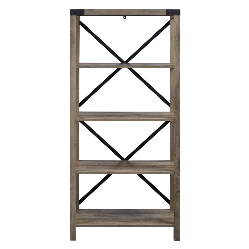 64" Wood Farmhouse Metal X-Frame Bookcase - Grey Wash. Picture 4