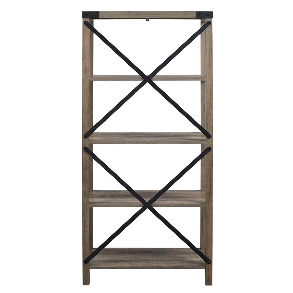 64" Wood Farmhouse Metal X-Frame Bookcase - Grey Wash. Picture 6