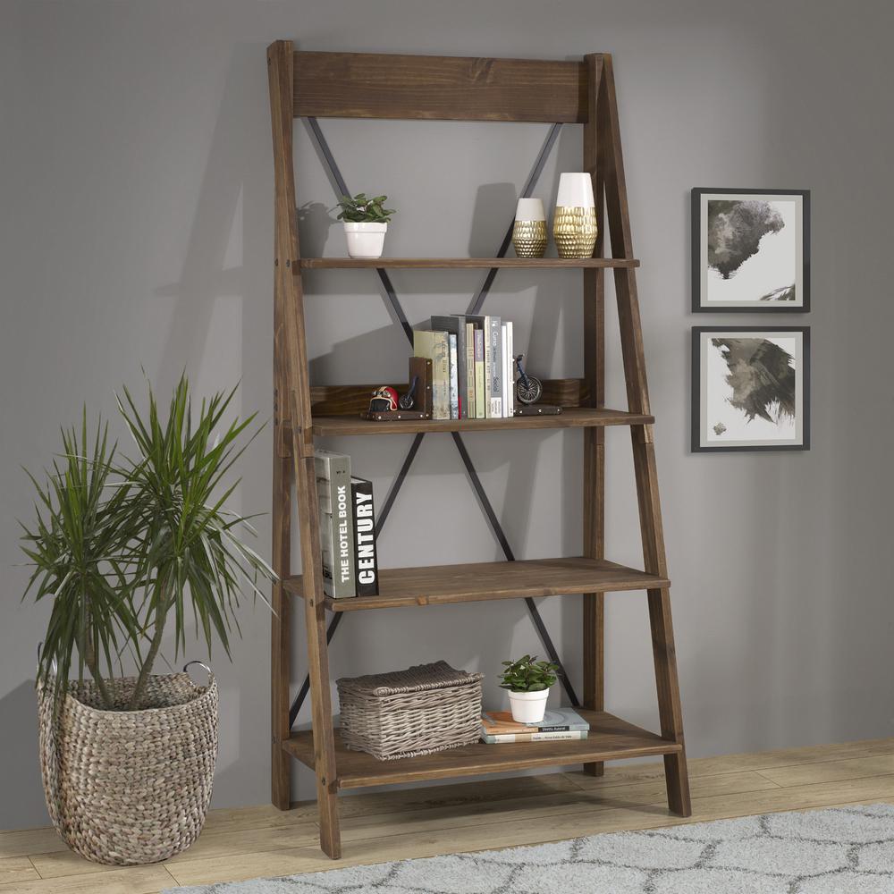 68" Solid Wood Ladder Bookshelf - Brown. Picture 2