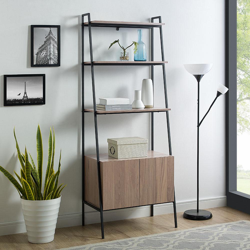 72" Urban Industrial Metal and Wood Ladder Storage Bookshelf with Cabinet - Mocha. Picture 2