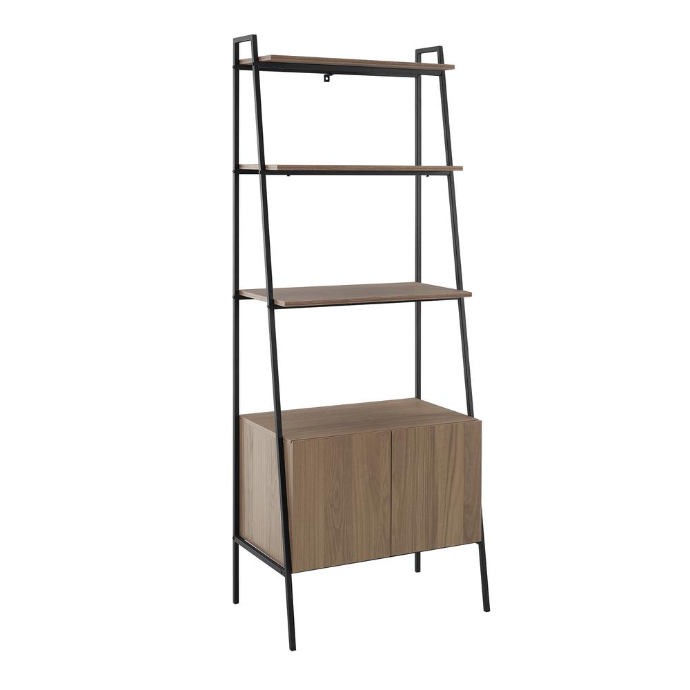 72" Urban Industrial Metal and Wood Ladder Storage Bookshelf with Cabinet - Mocha. Picture 1