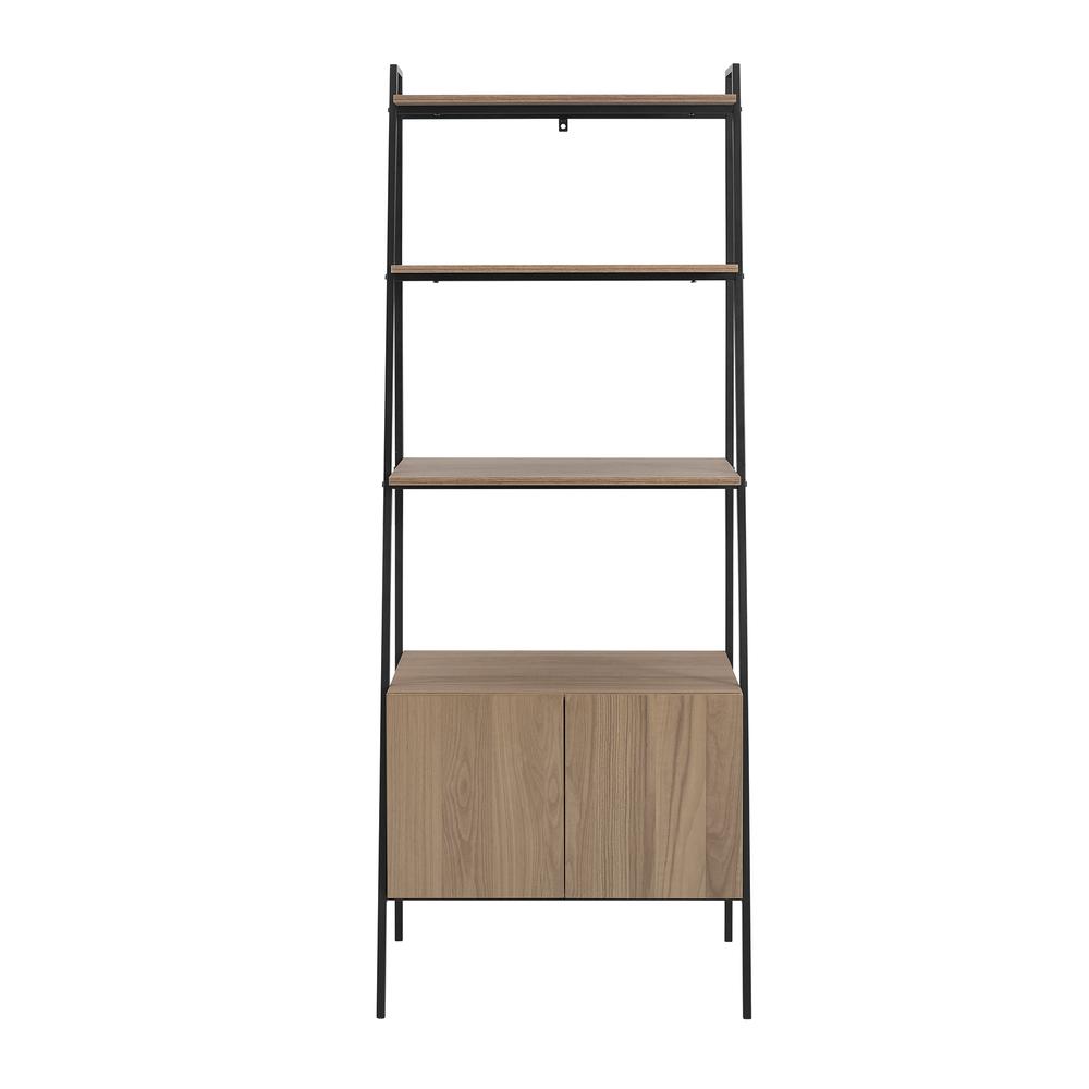 72" Urban Industrial Metal and Wood Ladder Storage Bookshelf with Cabinet - Mocha. Picture 3