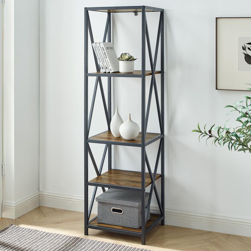 Metal X Tower with Wood Shelves -Rustic Oak. Picture 1