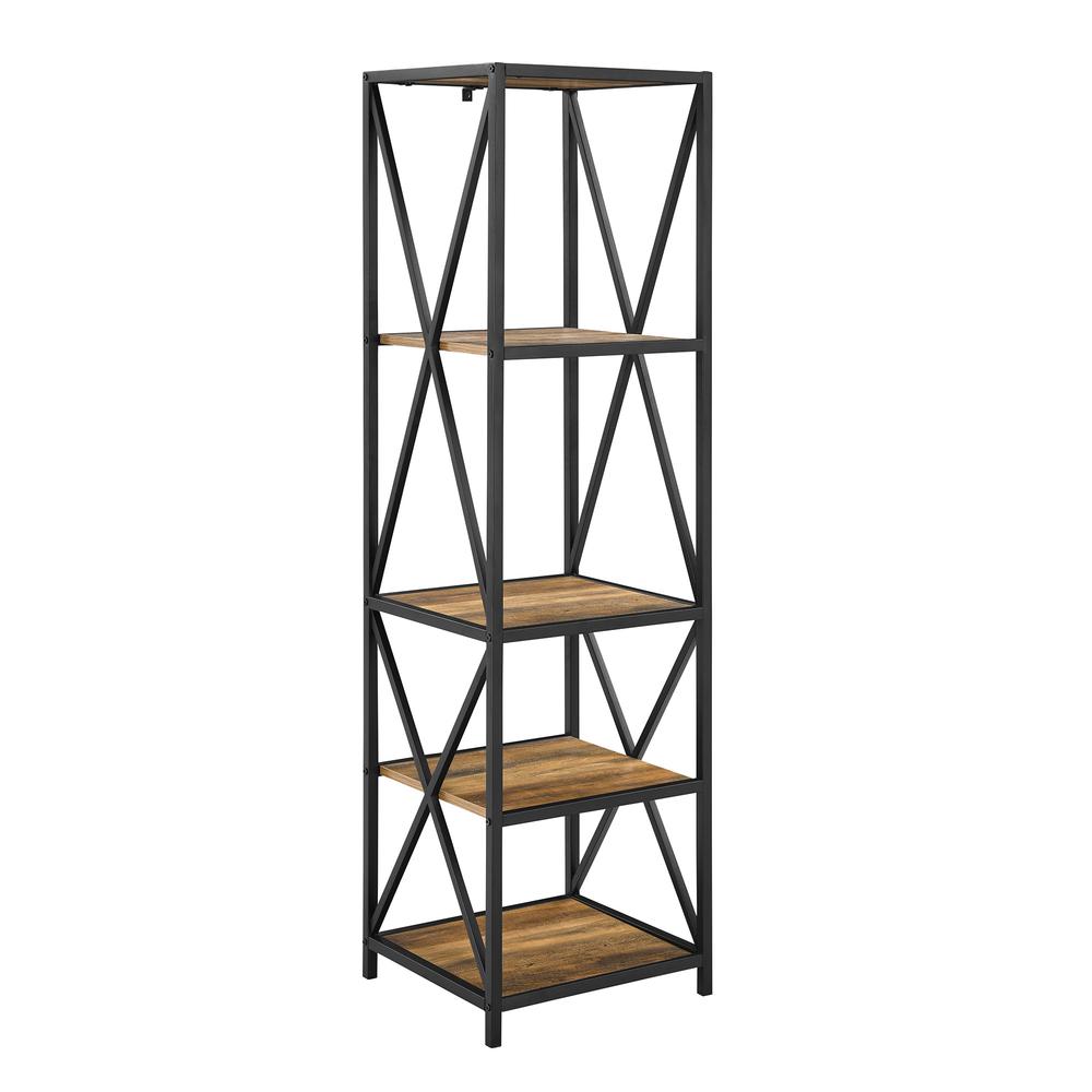 Metal X Tower with Wood Shelves -Rustic Oak. Picture 3