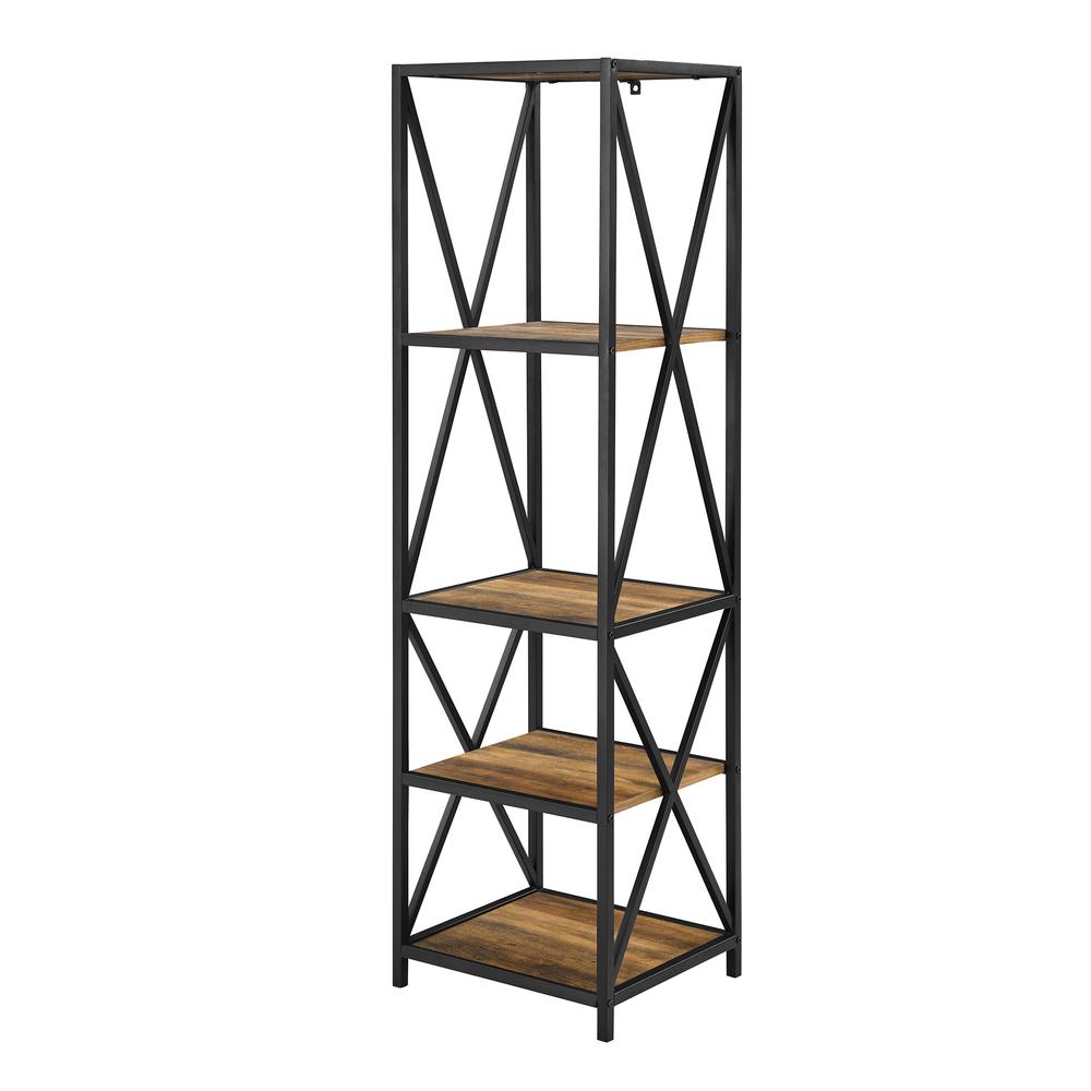 Metal X Tower with Wood Shelves -Rustic Oak. Picture 5