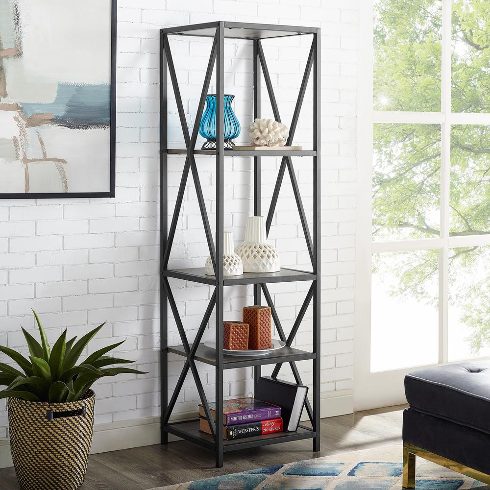 61" X-Frame Metal and Wood Industrial Bookshelf - Slate Grey. Picture 2