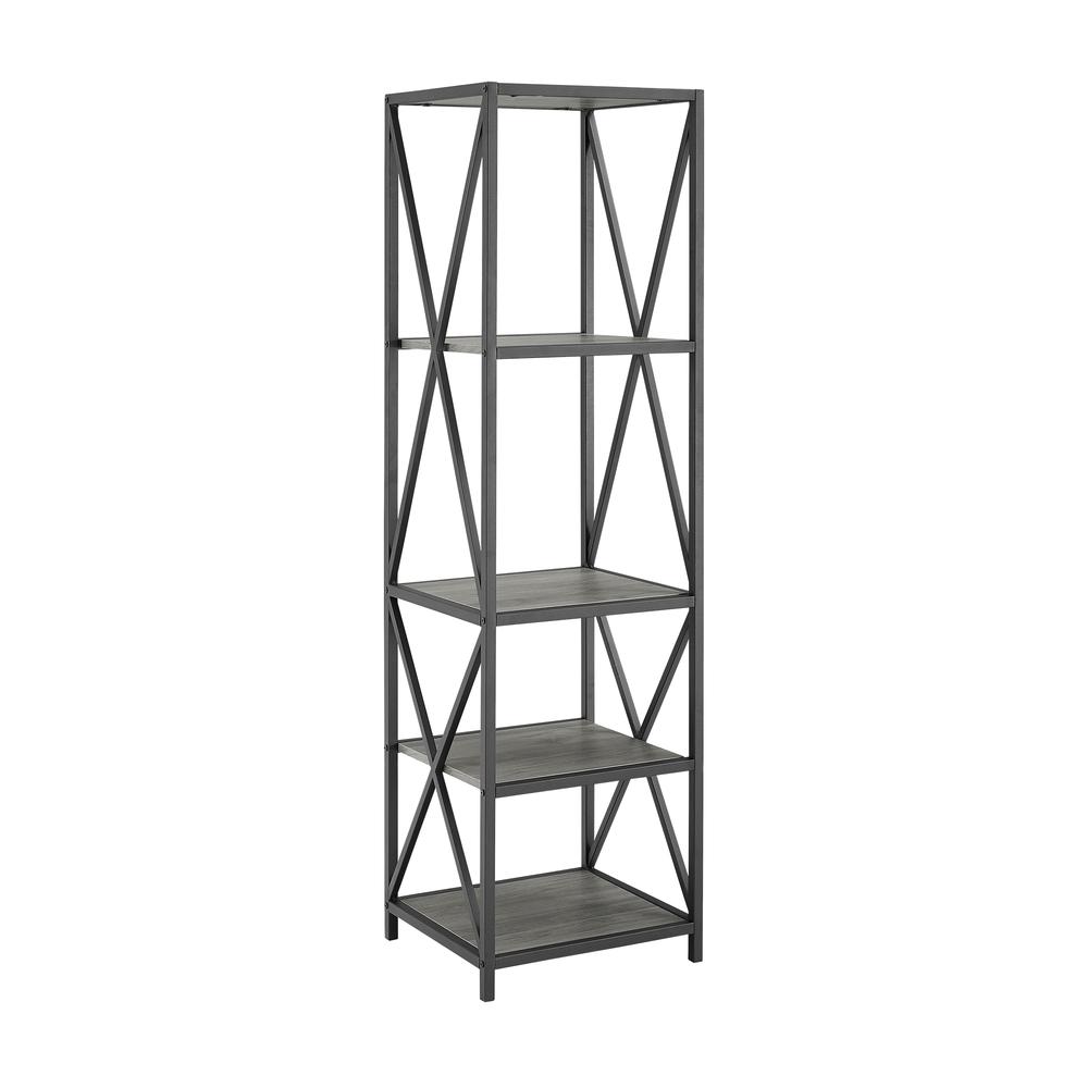 61" X-Frame Metal and Wood Industrial Bookshelf - Slate Grey. Picture 3