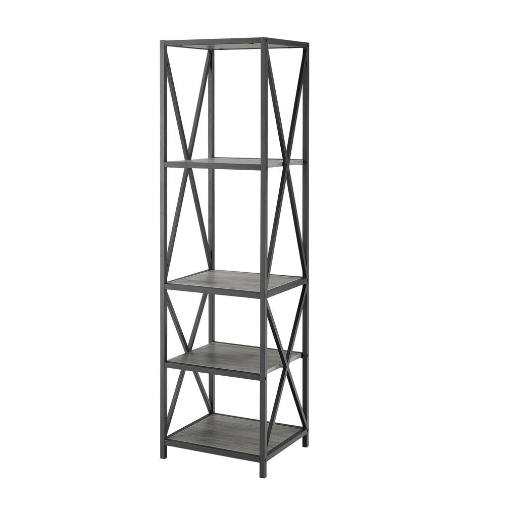 61" X-Frame Metal and Wood Industrial Bookshelf - Slate Grey. Picture 4