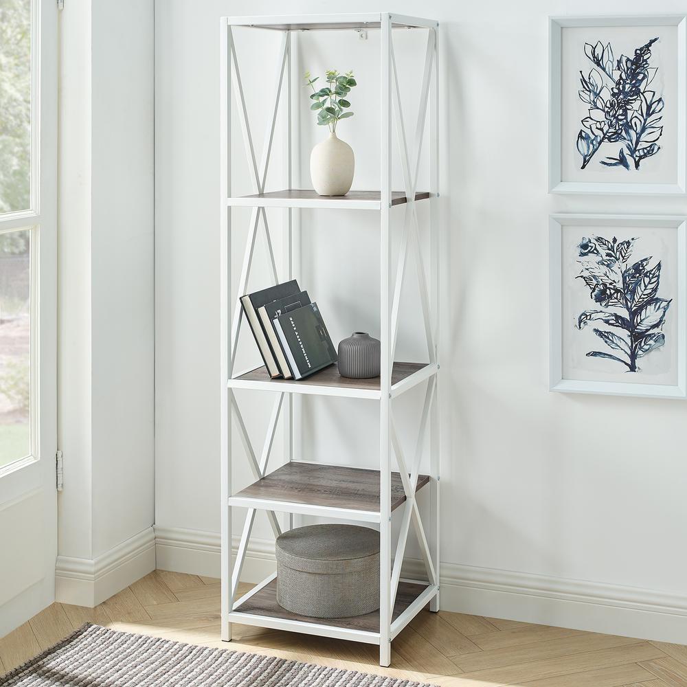 61" X-Frame Metal and Wood Industrial Bookshelf - Grey Wash/White. Picture 1