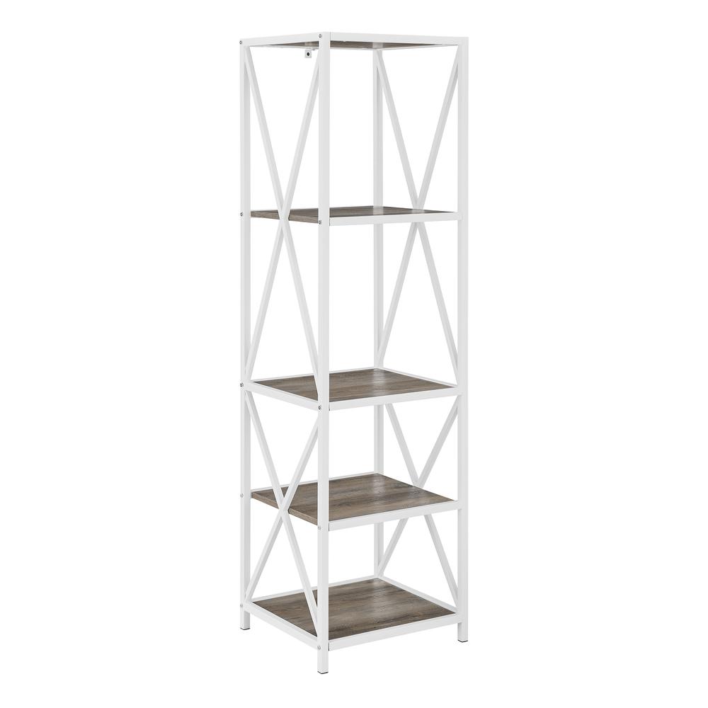 61" X-Frame Metal and Wood Industrial Bookshelf - Grey Wash/White. Picture 3