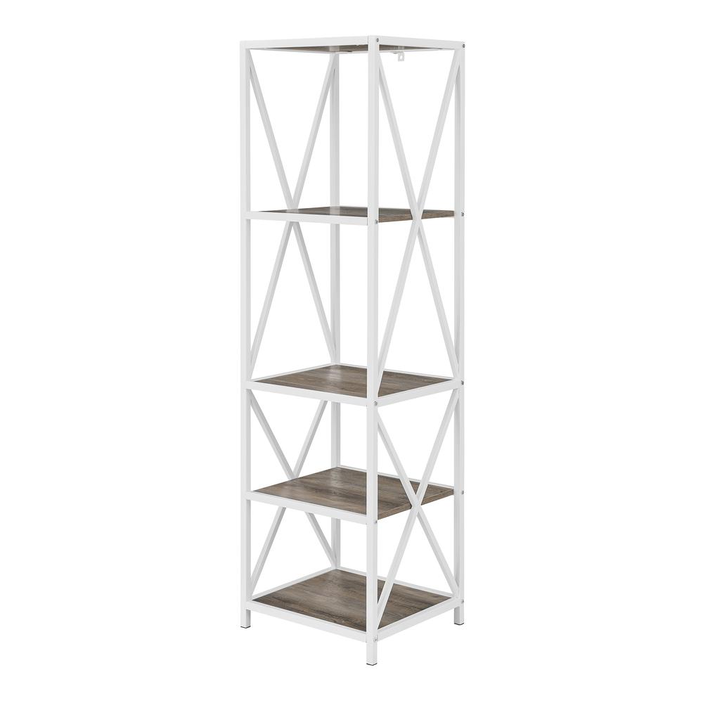 61" X-Frame Metal and Wood Industrial Bookshelf - Grey Wash/White. Picture 5