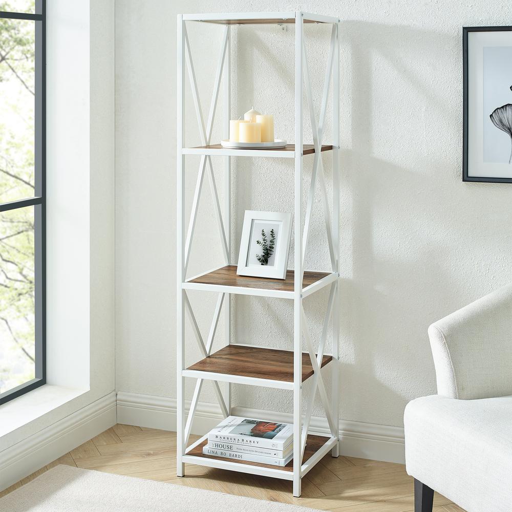 61" X-Frame Metal and Wood Industrial Bookshelf - Rustic Oak/White. Picture 1
