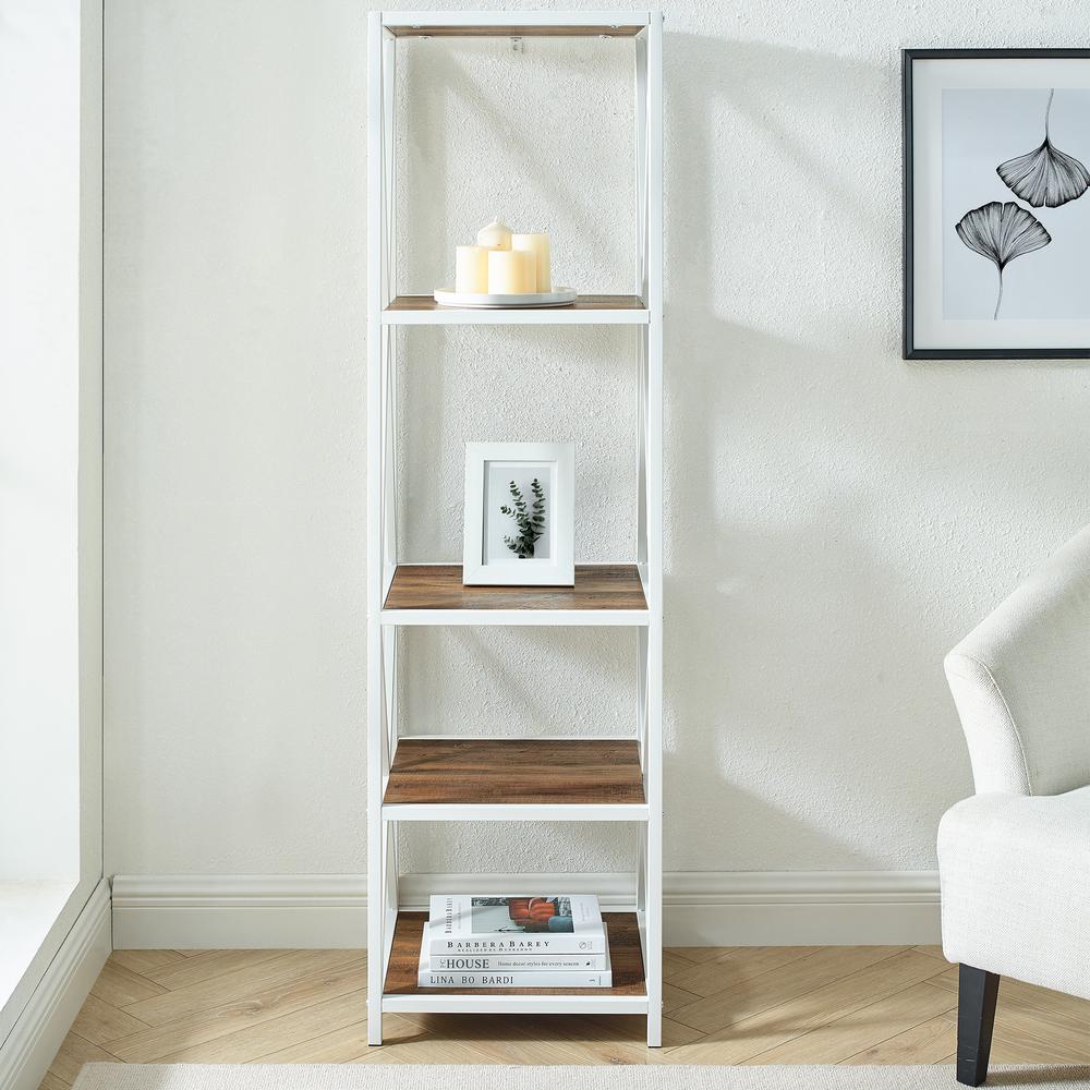 61" X-Frame Metal and Wood Industrial Bookshelf - Rustic Oak/White. Picture 2