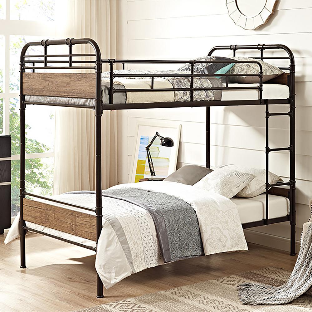 Twin over Twin Metal Wood Bunk Bed - Black. Picture 5