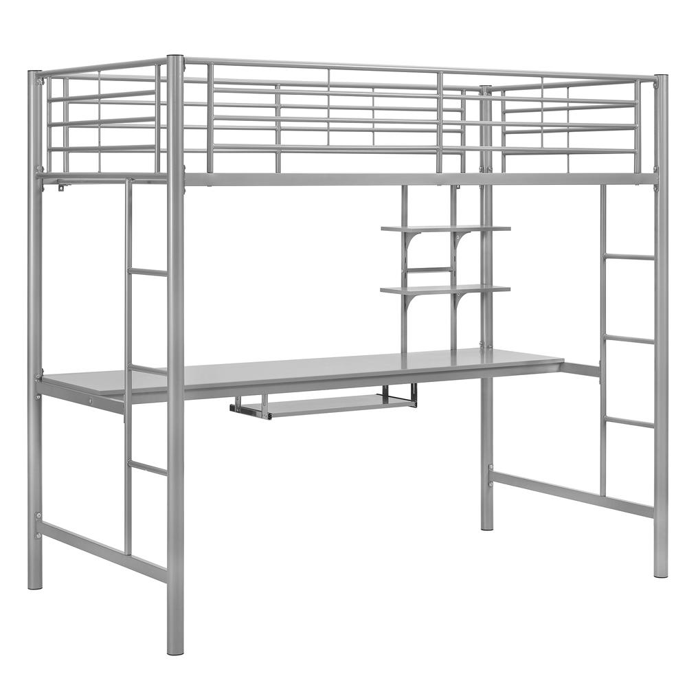 Twin Metal Loft Bed with Workstation- Silver. Picture 1