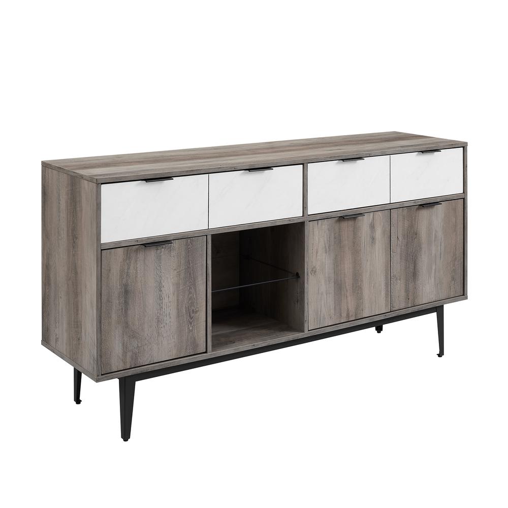 60" Asymmetrical 2 Drawer Sideboard - Faux White Marble/Grey Wash. Picture 1