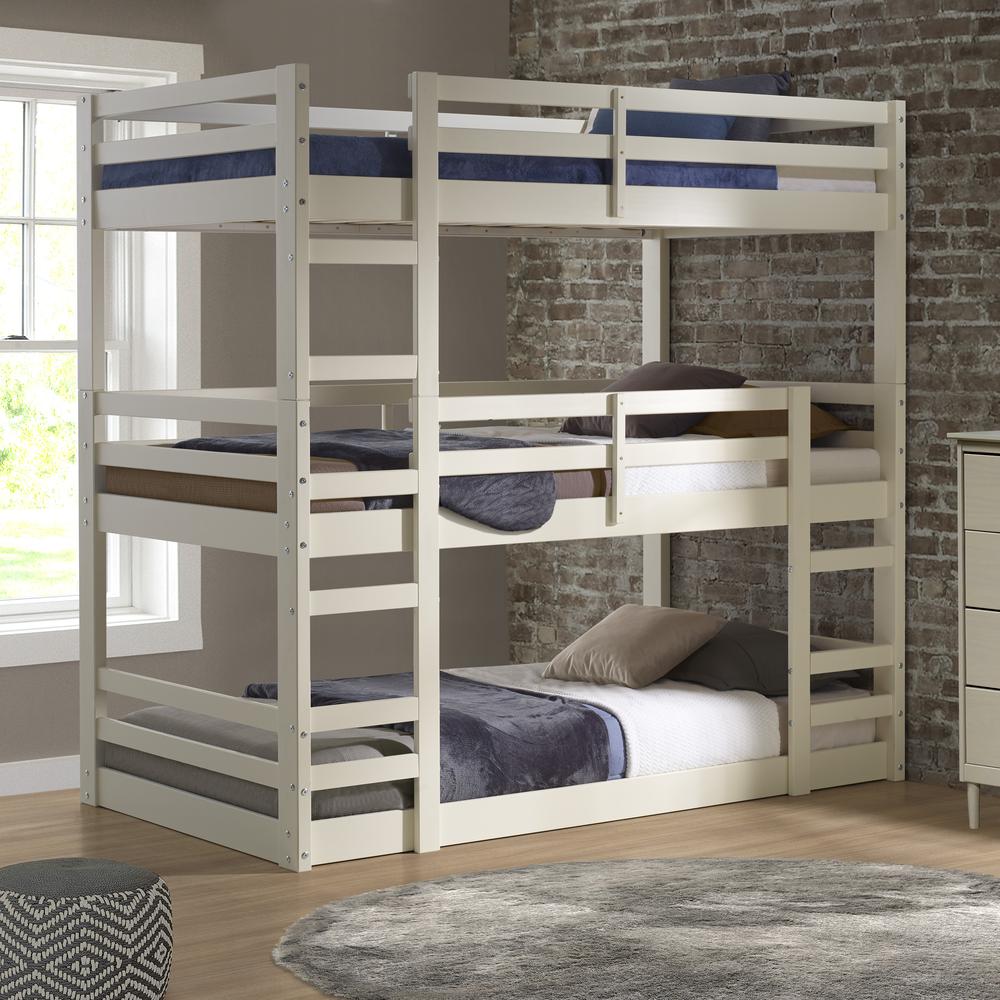 Solid Wood Triple Twin Bunk Bed - White. Picture 2