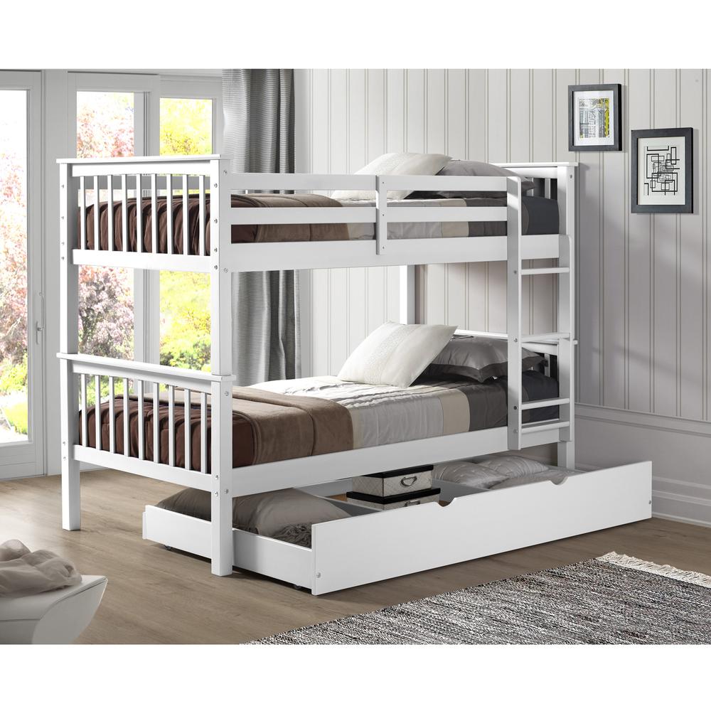 Solid Wood Twin Bunk Bed with Trundle Bed - White. Picture 5