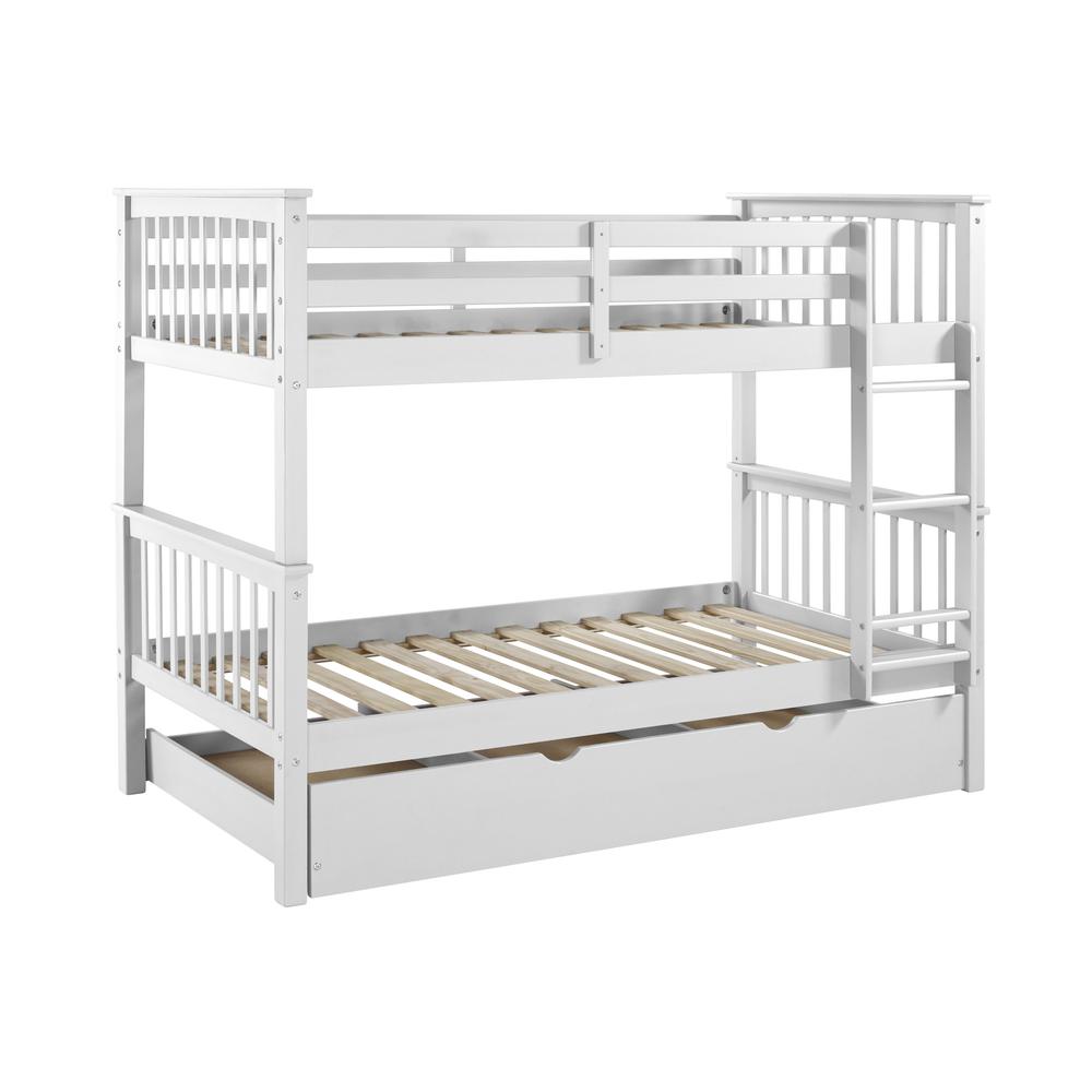 Solid Wood Twin Bunk Bed with Trundle Bed - White. Picture 1