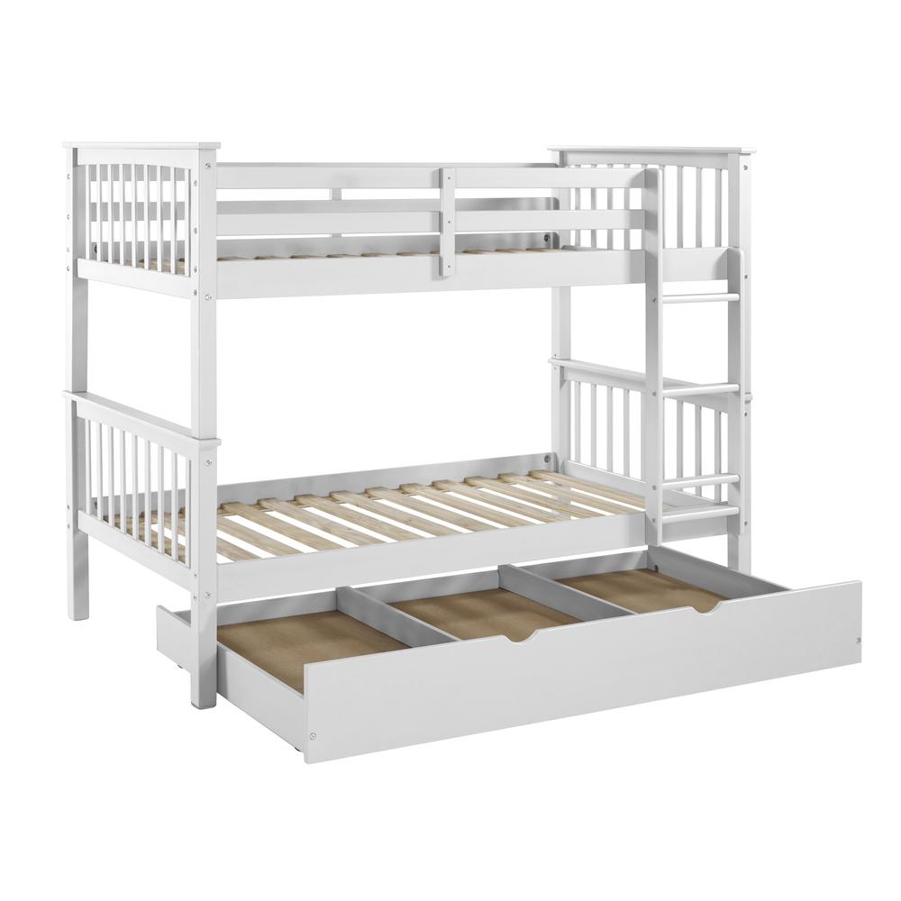 Solid Wood Twin Bunk Bed with Trundle Bed - White. Picture 3