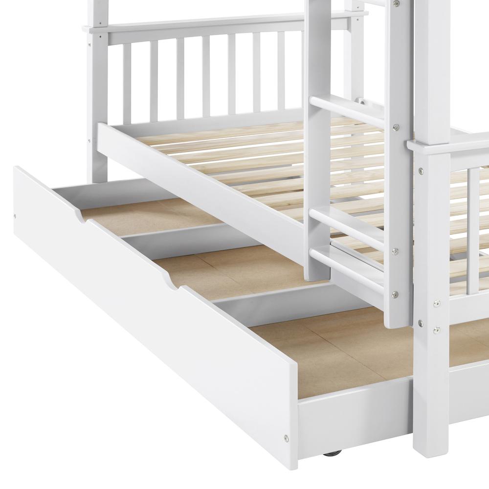 Solid Wood Twin Bunk Bed with Trundle Bed - White. Picture 4