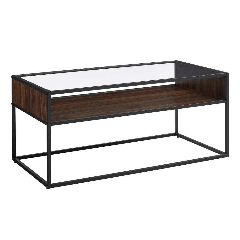 40" Metal and Glass Coffee Table with Open Shelf - Dark Walnut. Picture 1