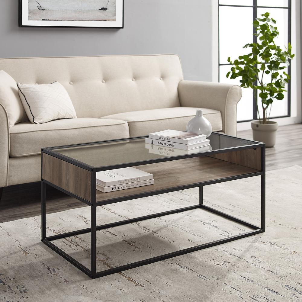 40" Metal and Glass Coffee Table with Open Shelf - Grey Wash. Picture 2