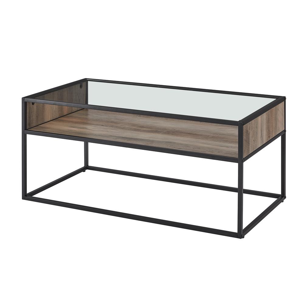 40" Metal and Glass Coffee Table with Open Shelf - Grey Wash. Picture 5