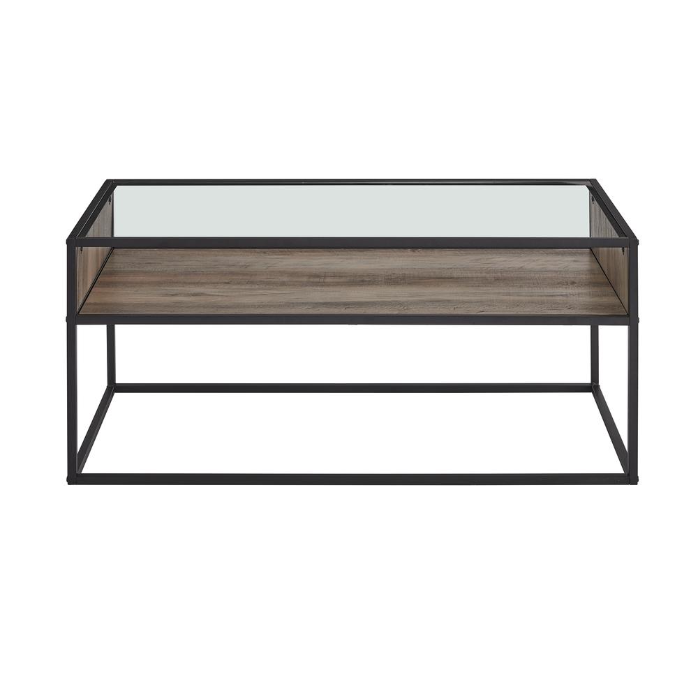 40" Metal and Glass Coffee Table with Open Shelf - Grey Wash. Picture 6
