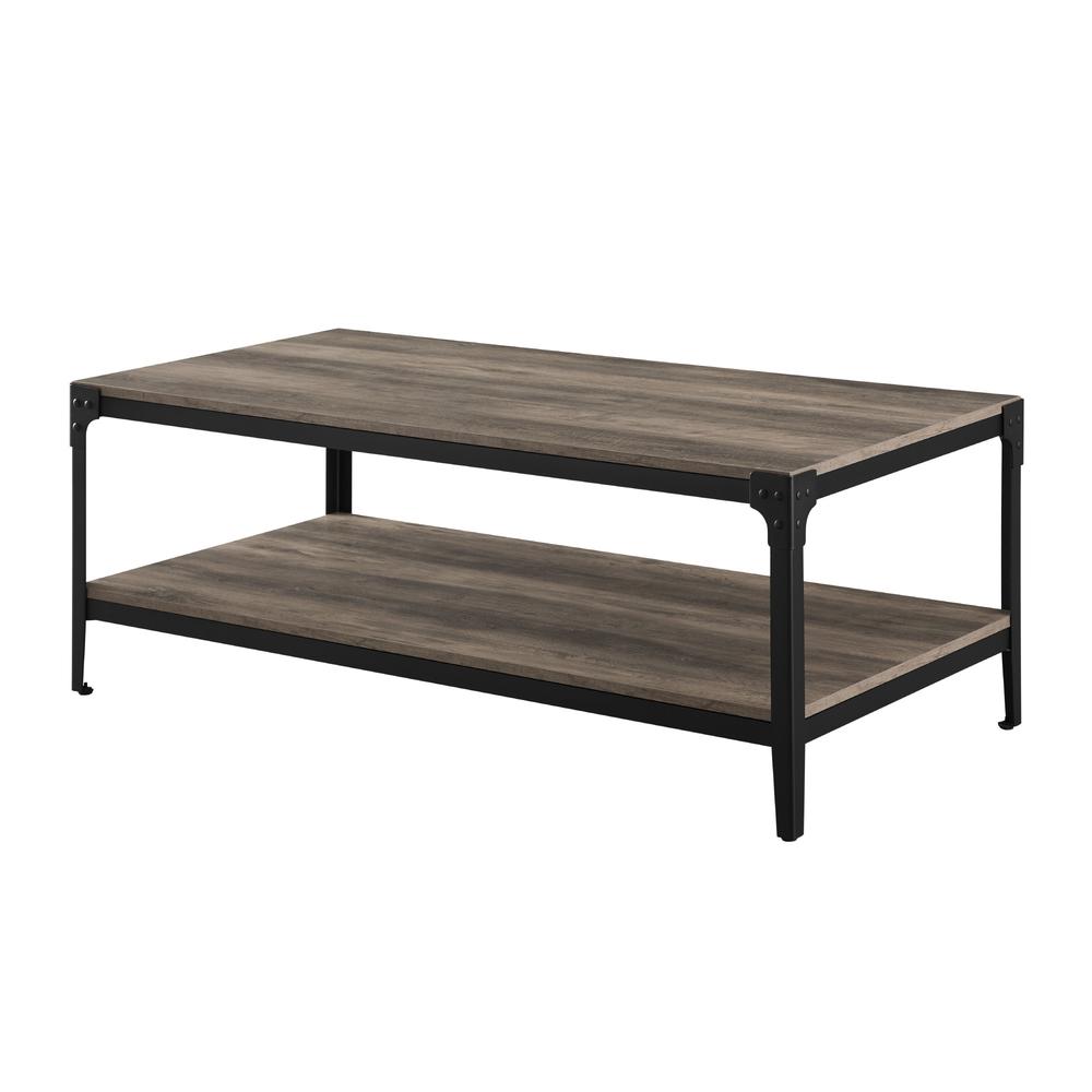 Angle Iron Rustic Wood Coffee Table - Grey Wash. Picture 1