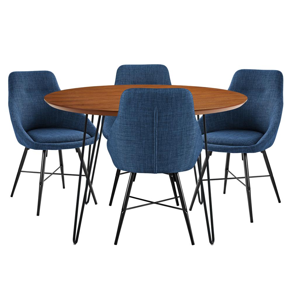 Urban Mid Century Modern Round Hairpin 5-Piece Dining Set - Walnut/Blue. Picture 1