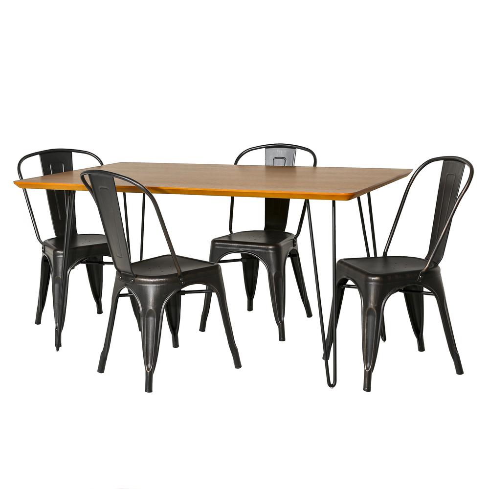 Square Hairpin 5 Piece Dining Set with Café Chairs - Walnut/Black. Picture 1