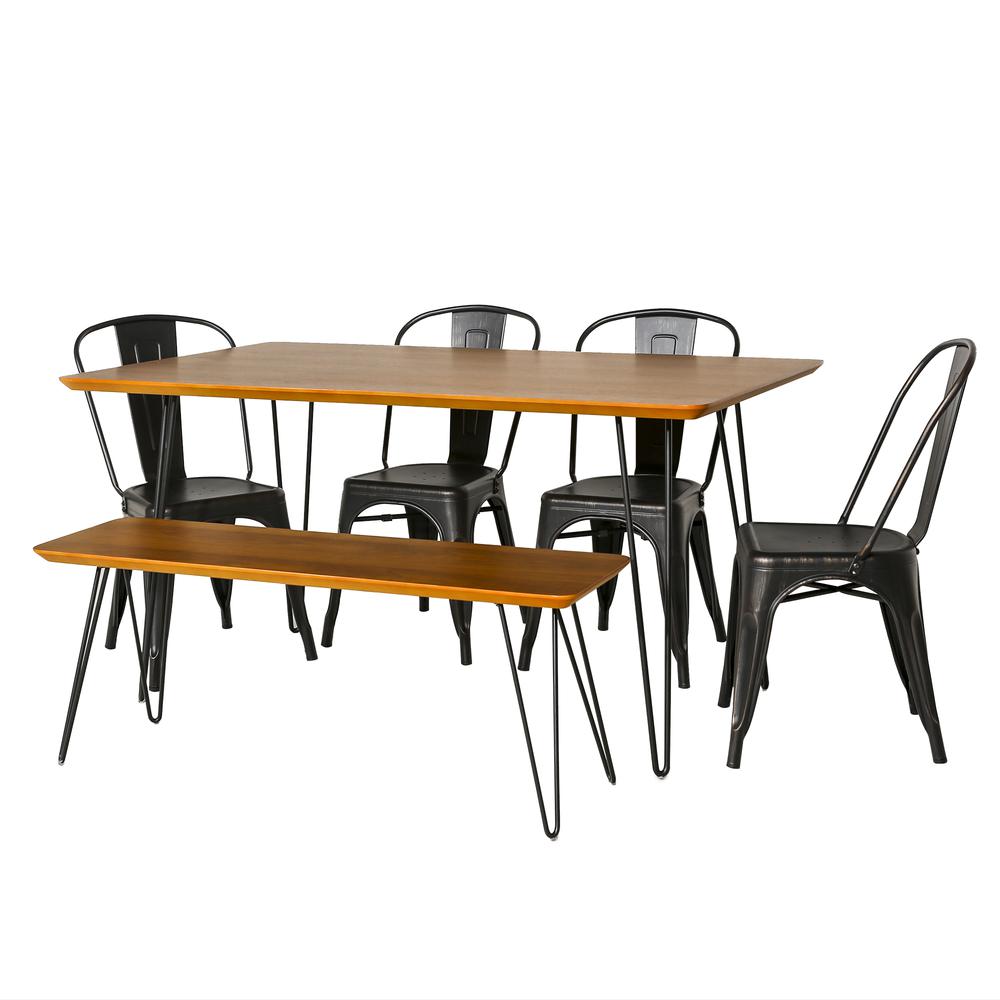 Square Hairpin 6 Piece Dining Set with Café Chairs - Walnut/Black. Picture 1