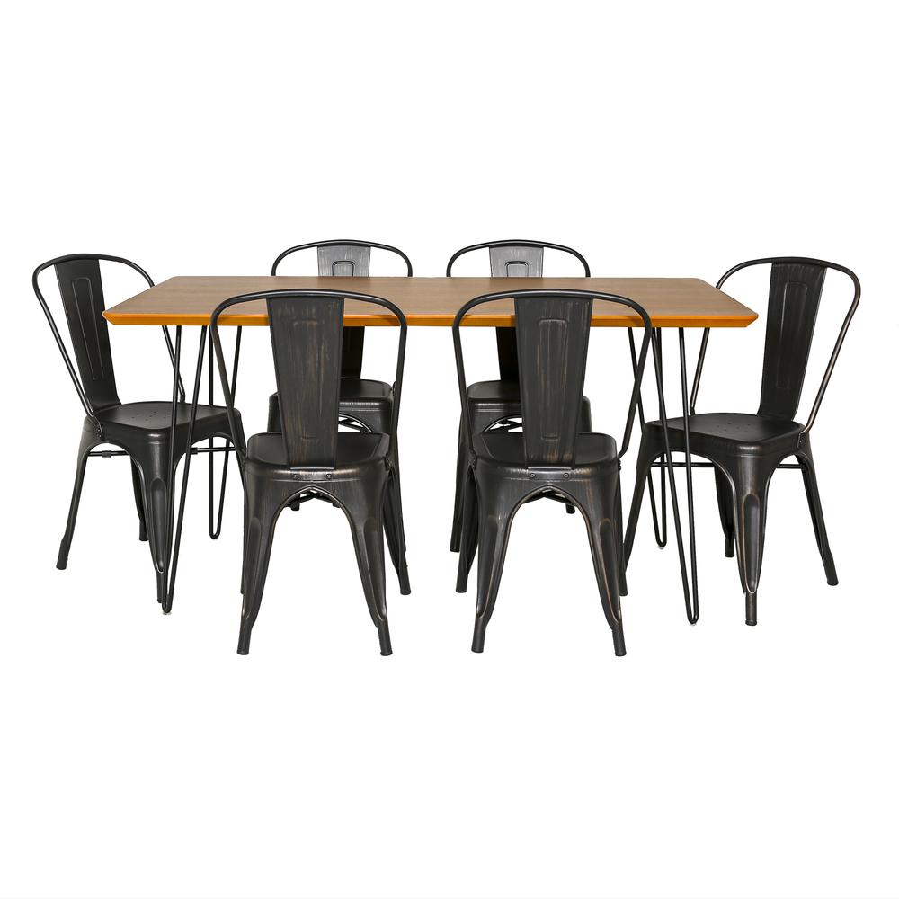Square Hairpin 7 Piece Dining Set with Café Chairs - Walnut/Black. Picture 1
