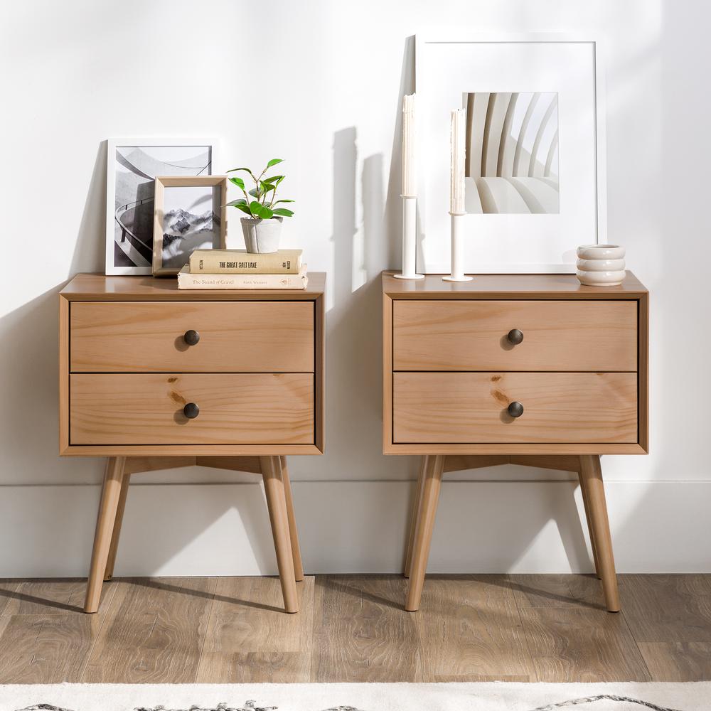 Mid-Century Modern 2-Drawer Solid Wood Nightstands, Set of 2 - Natural Pine. Picture 2