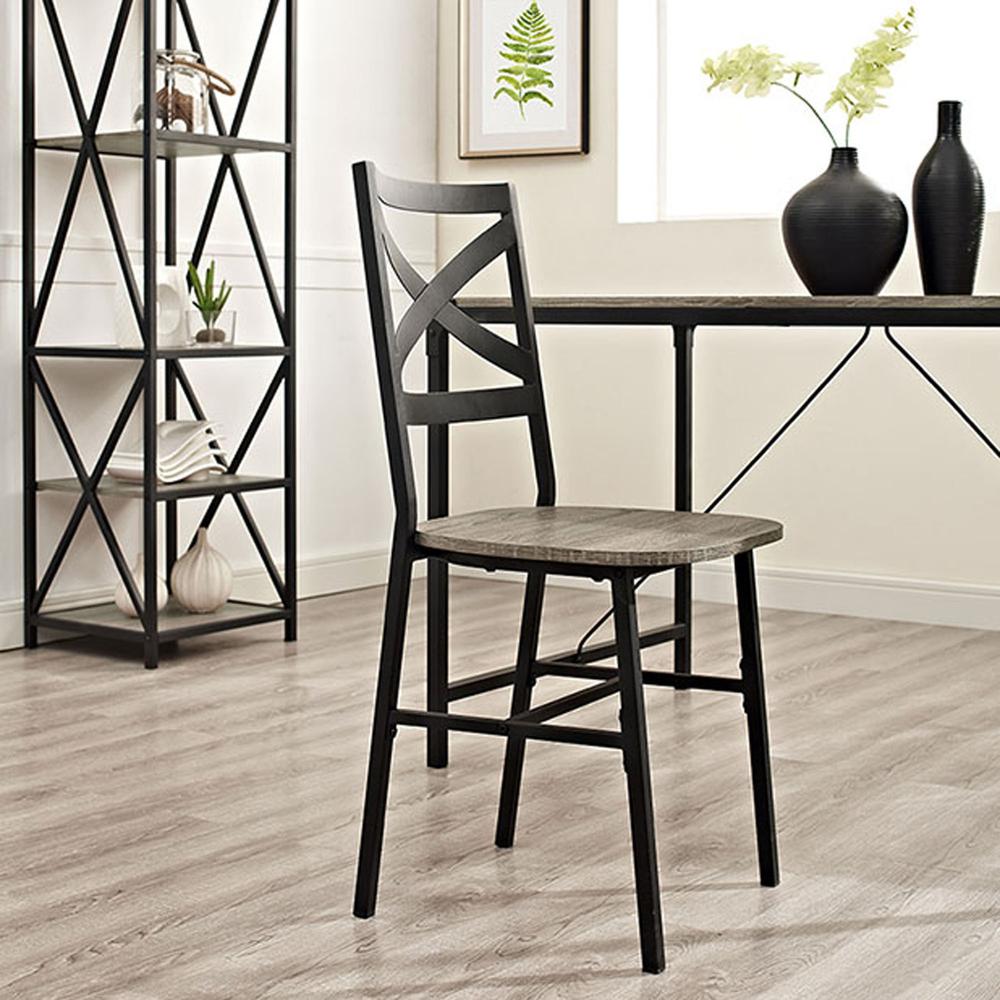 Metal X-Back Wood Dining Chair, Set of 2, Driftwood. Picture 2