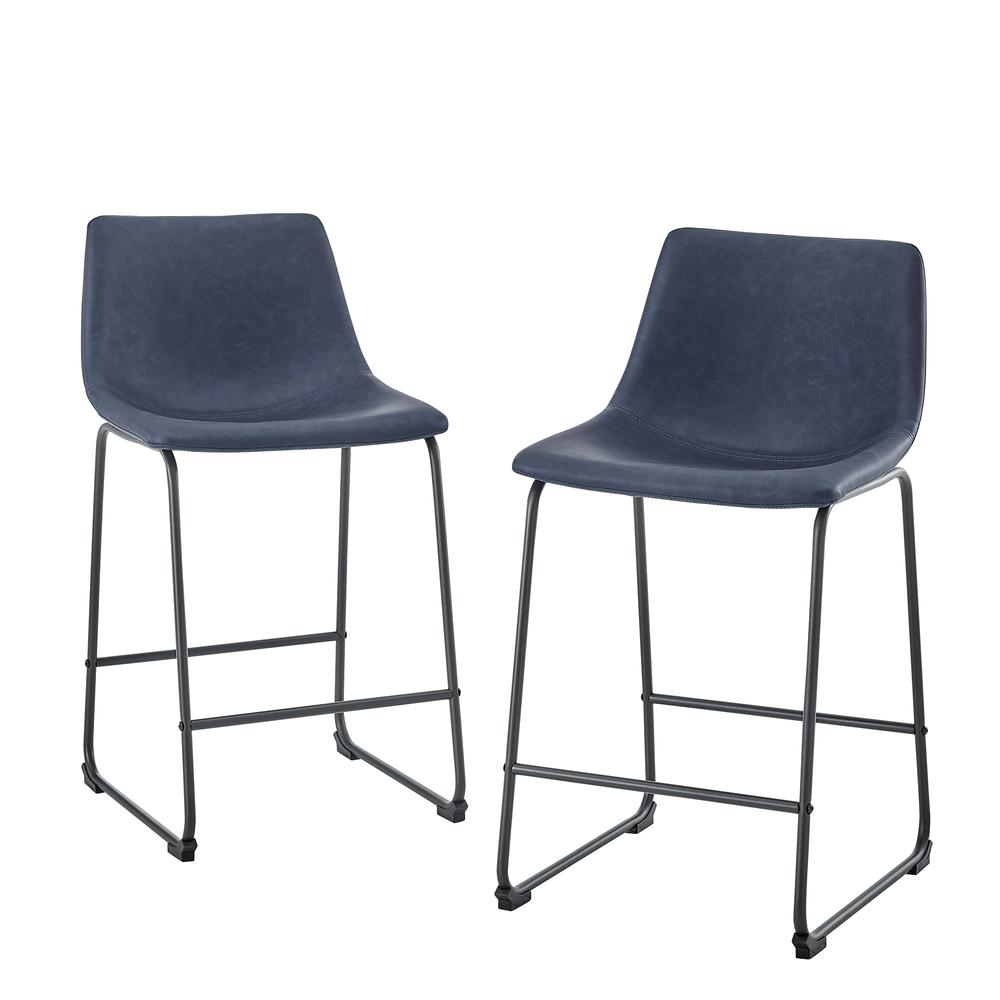 26" Faux Leather Counter Stool, Set of 2 -  Navy Blue. Picture 2