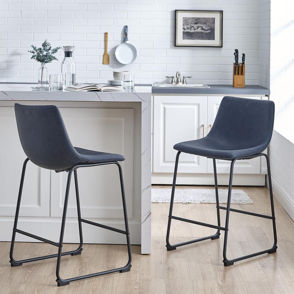 26" Faux Leather Counter Stool, Set of 2 -  Navy Blue. Picture 4