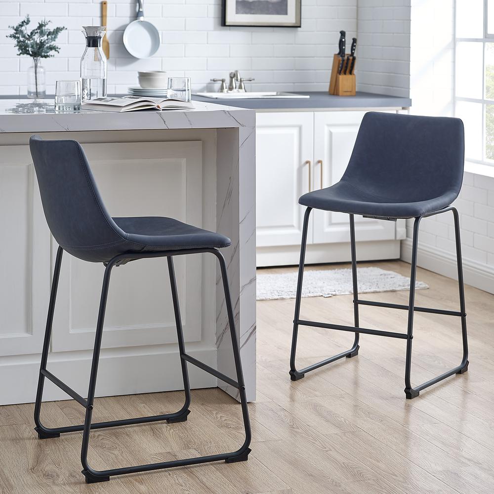 26" Faux Leather Counter Stool, Set of 2 -  Navy Blue. Picture 5