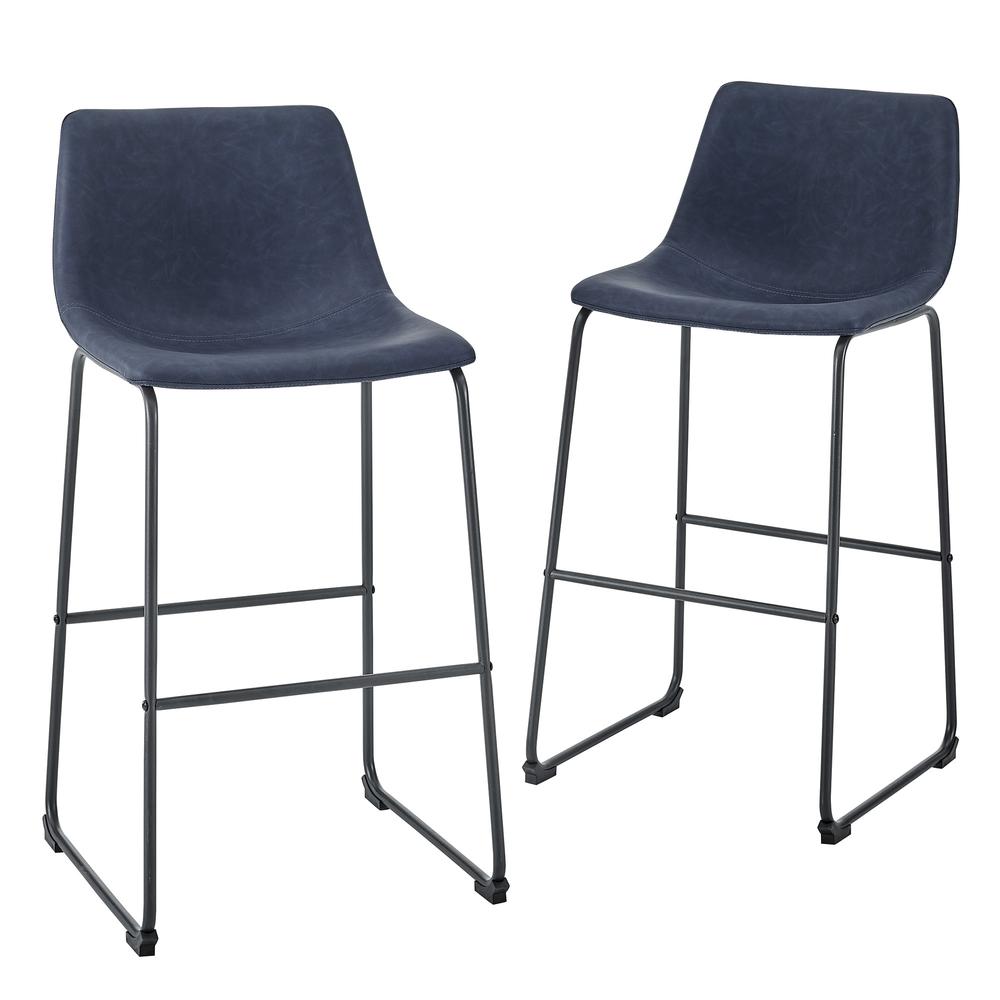 30" Industrial Faux Leather Barstools, Set of 2 -  Navy Blue. Picture 1